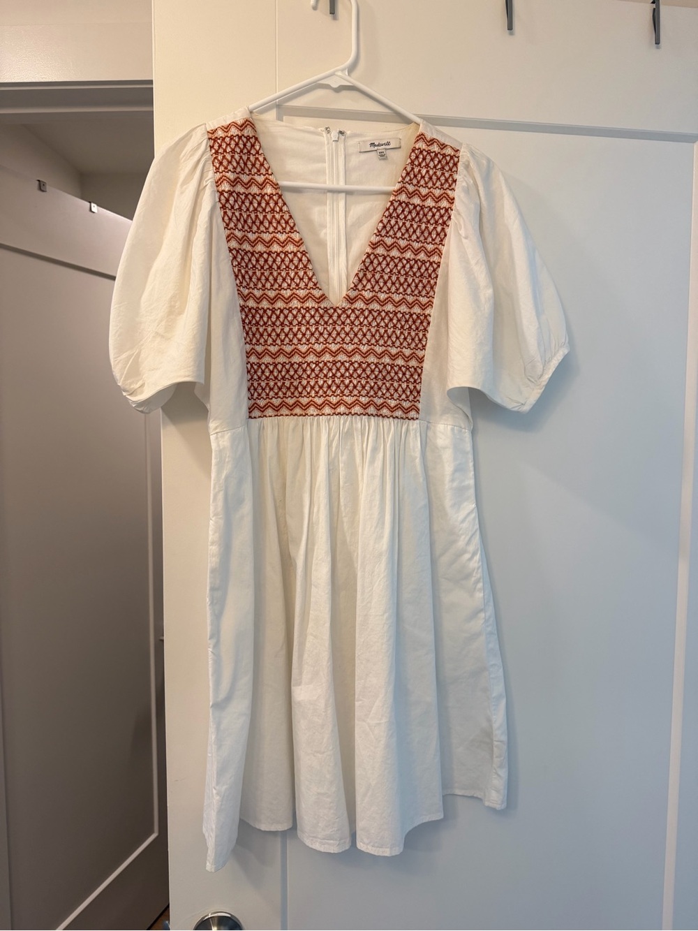 Madewell White Puff Sleeve Dress with Rust Embroidered V-Neck